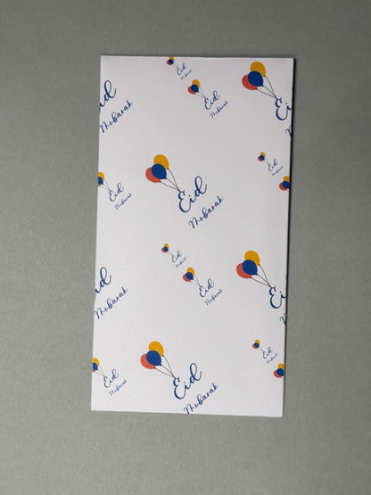 Eid Mubarak money envelope with tri colored balloons connected to the E
