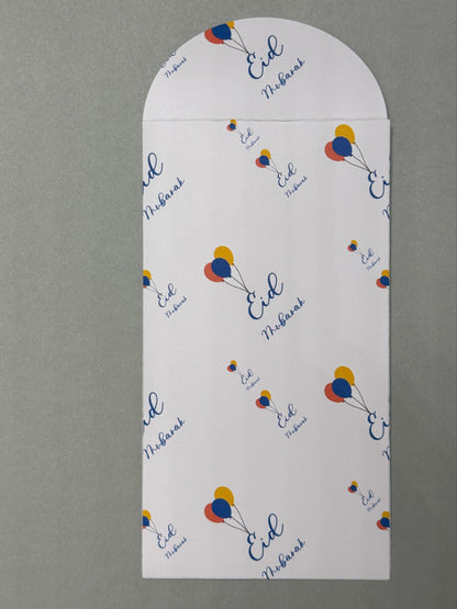Eid Mubarak money envelope with tri colored balloons connected to the E